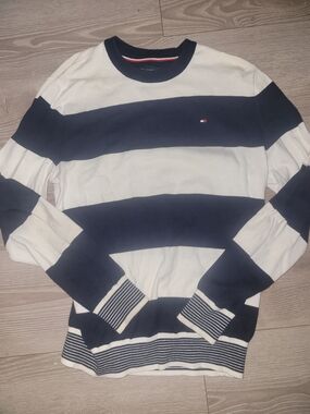 Tommy Hilfiger Navy and White Striped Crewneck Sweater